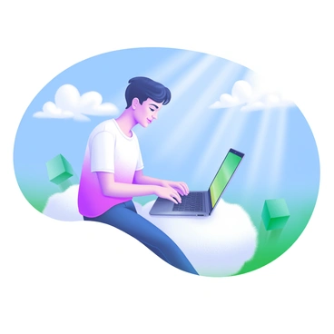 A person sitting on a fluffy white cloud, typing on a sleek laptop keyboard. The sky around them is bright blue with soft, white clouds scattered throughout. Sunlight casts a gentle glow on the scene, highlighting the person's focused expression and the laptop screen. The individual's attire is casual, with comfortable clothing suitable for a relaxed atmosphere.