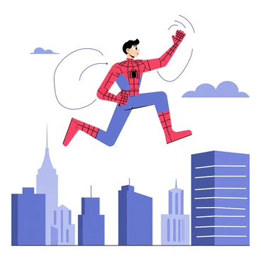 A superhero clad in a red and blue suit with web patterns is performing dynamic parkour across urban rooftops. The Spider-Man is mid-air, showcasing agility as he leaps from one building to another. Below, the city skyline is visible, featuring various skyscrapers and rooftops. The superhero's limbs are extended, emphasizing his movement and balance, while his expression is focused and determined. A few clouds are scattered in the bright blue sky, adding depth to the scene.