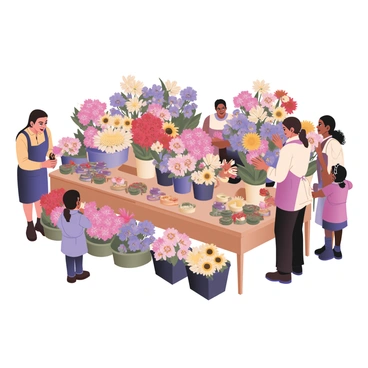 A vibrant flower market filled with various colorful blooms. There are large bouquets of red roses, yellow tulips, and purple orchids arranged in neat rows. Several customers are browsing, including a woman with curly hair wearing a blue dress, holding a bright pink flower. Nearby, a child with short brown hair is reaching out to touch a sunflower. A vendor with an apron is arranging flowers on a wooden table. Bright green leaves and potted plants are scattered around the stalls, adding to the lively atmosphere. The overall scene radiates energy and joy from the busy market.
