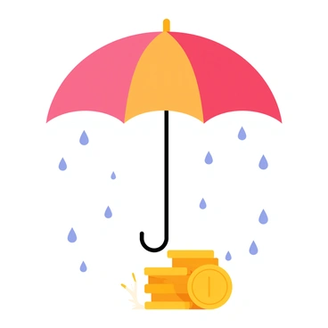 A colorful umbrella, featuring a bright red canopy, is positioned overhead, providing shelter. Beneath the umbrella, there is a neat stack of shiny gold coins, glistening in the light. Raindrops are visibly falling around, creating small splashes on the ground and some droplets are seen on the umbrella's surface. The scene captures the contrast between the sheltering umbrella and the falling rain, emphasizing the protection it offers to the coins below.