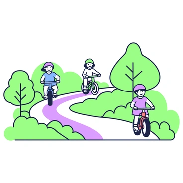A bike trail is winding through a lush landscape. The trail features distinct sections painted in the colors of a rainbow, creating a vibrant, eye-catching path. A group of children, each wearing helmets, can be seen riding along the trail. One child is on a blue bike, another on a green bike, and a third is on a red bike. The children are smiling and having fun as they pedal along, surrounded by trees and bushes on either side of the trail.
