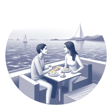 A couple is sitting at a small table on the deck of a yacht. The table is set with two plates of breakfast items, including scrambled eggs and toast, along with cups of steaming coffee. The couple is facing each other, engaged in conversation and smiling. The ocean stretches out behind them, with gentle waves lapping at the yacht's hull. In the distance, a few sailboats can be seen gliding across the water, and the sky is clear, creating a tranquil atmosphere. The deck features sleek lines and polished wood, enhancing the luxurious feel of the scene.