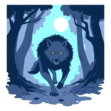A dark gray werewolf is running swiftly through a dense, foggy forest. The trees are towering over the creature, their twisted branches reaching out as if trying to grasp it. The fog swirls around the werewolf's legs, creating an eerie atmosphere. Moonlight filters through the leaves, casting shadows on the ground. The werewolf's fur is bristled, and its piercing yellow eyes are focused ahead, showcasing a sense of urgency and power. The forest floor is covered in a mix of fallen leaves and scattered branches, adding to the wild and untamed environment.