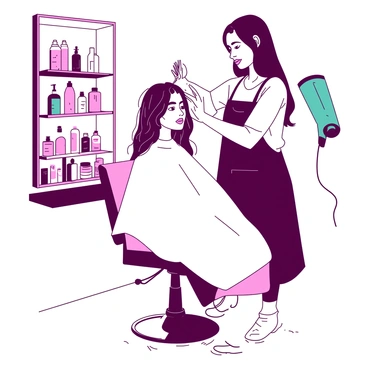 A person sitting in a salon chair is looking into a mirror while a hairdresser is giving them a stylish layered haircut. The hairdresser, wearing a black apron, is holding scissors and is focused on cutting the person's hair. The person's hair is falling gently onto a white cape draped over them. The salon is brightly lit, with various hair products displayed on shelves in the background. There is a teal hairdryer hanging on the wall, and the floor is covered with small strands of hair.