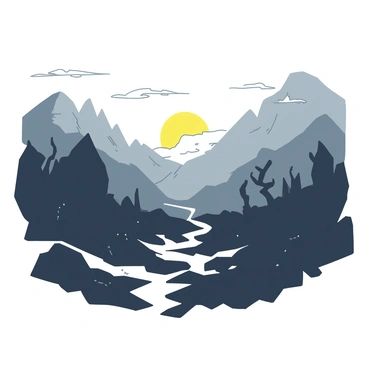 A foggy landscape shrouded in gray mist extends across the scene. Shadows of jagged rocks are partially obscured by the fog, suggesting hidden dangers lurking within. The ground is uneven and scattered with dark silhouettes of twisted trees that evoke a sense of unease. In the background, the sun is just beginning to break through the thick clouds, casting a warm yellow glow that contrasts with the gray fog. Rays of light penetrate the mist, illuminating a small path that leads through the landscape, hinting at a possible escape from the dangers.