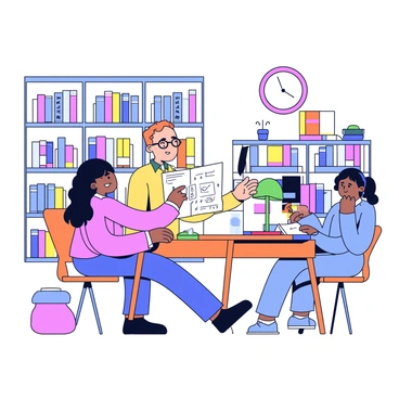 A tutor with brown hair is sitting at a wooden library desk facing a student. The tutor is wearing glasses and has a friendly expression while pointing at a math book open in front of them. The student, a girl with long black hair, is sitting across the desk, looking focused and taking notes on a notepad. Around them are shelves filled with books, and there is a small green lamp illuminating their work area. A clock on the wall shows it is afternoon, and there are a few other students reading in the background.