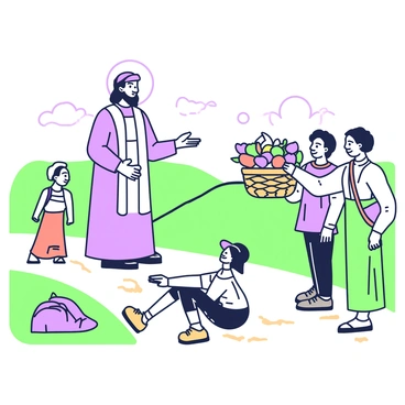 A saint with a serene expression is standing on a dirt path, holding a woven basket filled with vibrant, fresh fruit in both hands. The basket is overflowing with various fruits such as apples, oranges, and bananas. In front of the saint, a group of travelers is gathered, a mix of two men and a woman, wearing simple yet travel-worn clothing. The travelers are smiling and reaching towards the basket, showing expressions of gratitude and joy. The background features rolling hills and a clear sky, enhancing the sense of a peaceful journey.