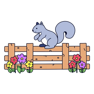 A grey squirrel sitting on a wooden fence with a rough texture. The fence has several horizontal planks connected by vertical posts. The squirrel appears alert, with its bushy tail curled behind it. Surrounding the fence are various blooming flowers in bright colors, including red, yellow, and purple petals. The flowers are arranged in clusters, with green leaves peeking through. The scene is vibrant with the contrast between the lively flowers and the natural wood of the fence.
