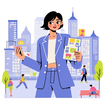 A modern interpretation of "Marianne," depicted as a young woman with a determined expression. She has short dark hair and is wearing a stylish outfit with a blue blazer and white top. In one hand, she holds a digital tablet displaying vibrant graphics. The background features a bustling cityscape with tall buildings, colorful billboards, and people walking on the streets. There are trees and benches in the foreground, adding life to the urban environment.