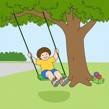 A young child with curly brown hair is swinging joyfully from a sturdy green swing tied to a thick brown tree branch. The child is wearing a bright yellow t-shirt and blue shorts, with colorful sneakers on their feet. Sunlight filters through the lush green leaves of the tree, casting playful shadows on the soft grass below. In the background, there are a few colorful flowers blooming near the base of the tree, adding vibrant pops of red and purple to the scene. The yard appears spacious and inviting, with a clear blue sky overhead.