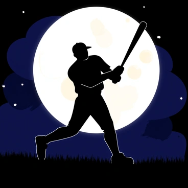 A silhouette of a baseball player in a dynamic swinging pose. The player is depicted with a bat raised high, ready to connect with an imaginary ball. The scene is set against a bright full moon that casts a soft glow around the player, highlighting the contours of their body. The background is filled with dark, night sky elements, creating a striking contrast with the illuminating moonlight. The player appears focused and determined, embodying the essence of the sport.