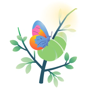 A vivid butterfly with bright blue and orange wings is emerging from a green cocoon that is attached to a slender branch. The butterfly's wings are partially unfurled, showcasing intricate patterns and vibrant colors. Surrounding the branch are lush green leaves, and in the background, soft sunlight filters through, illuminating the scene. The atmosphere conveys a sense of new beginnings and transformation as the butterfly takes its first steps into the world.