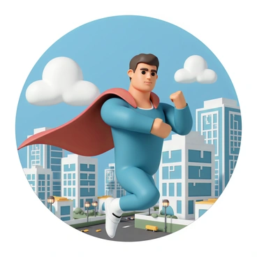 A superhero character, wearing a bright blue suit with a red cape, is flying over a bustling city skyline. The city features tall skyscrapers with reflective glass windows and illuminated streetlights. The superhero's muscular build and determined expression convey readiness and bravery. In the background, fluffy white clouds contrast against a clear blue sky, while below, tiny cars move along busy streets. The scene captures the excitement and action of a mobile game, with the superhero positioned dynamically, as if soaring towards a mission.