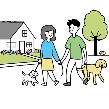 Two friends are walking side by side along a tree-lined street in a peaceful neighborhood. One friend, a woman with long brown hair, is holding a leash attached to a small, fluffy white dog. The other friend, a man with short black hair, is walking a medium-sized golden retriever. Both are wearing casual clothing, with the woman in a light blue shirt and the man in a green t-shirt. The houses in the background are simple and neatly arranged, framed by verdant lawns and colorful flower beds. The sun is shining, casting soft shadows on the ground as the friends chat and smile at each other.