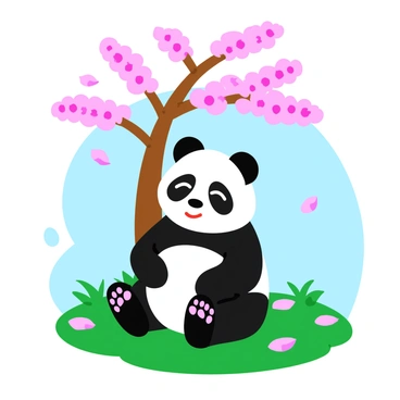 A panda with large black patches around its eyes sits peacefully in a meditative posture. The panda is placed on a soft green grass patch, surrounded by delicate pink cherry blossom petals that have fallen from the tree branches above. The cherry blossom tree is in full bloom, its branches laden with clusters of pink flowers, creating a serene atmosphere. The sky is a gentle blue, providing a calm backdrop to the scene. The panda's eyes are closed, and a gentle smile graces its face, embodying tranquility.