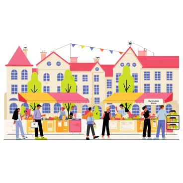 A lively market square in Fulda filled with various stalls and vendors. Colorful awnings cover the stalls, showcasing fresh fruits, vegetables, and handmade goods. Shoppers of different ages are browsing and interacting with the vendors. In the background, historic buildings with ornate facades surround the square, creating a vibrant atmosphere. A few visitors are carrying shopping bags while others are enjoying food from nearby stands. Flags and signs hang above the stalls, adding to the lively atmosphere of the market.