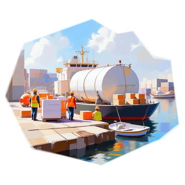 A busy dock scene featuring several workers loading various supplies onto a large tank barge. The barge is moored alongside the dock, with ropes securing it in place. Workers are clad in safety vests and hard hats, efficiently handling crates, barrels, and equipment as they move to and from the barge. The dock is made of weathered wood, and nearby, a few small boats are tied up, bobbing gently on the water. In the background, there are warehouses and cargo containers stacked high, creating a sense of industrious activity. The sky is clear, and the sun casts bright light across the scene.