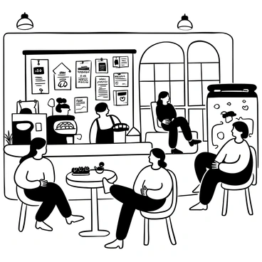 A black-and-white illustration of a bustling café filled with patrons sitting at tables and chairs. A large bulletin board is mounted on the wall, covered in various "colorful posters and flyers" pinned with pushpins. Baristas are behind the counter, preparing drinks, while a few people are engaged in conversation. The café has multiple windows allowing light to pour in, creating a lively atmosphere. There are small plants on the tables and a display case showcasing baked goods.
