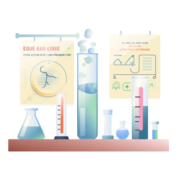 A vintage illustration features a laboratory scene with a glass tube experiment prominently displayed in the center. The glass tube is filled with a clear liquid, and there are visible gas bubbles forming at the top. To the left of the tube, a mercury manometer is positioned, showing the changes in gas pressure with a rising mercury column. Various lab equipment, including beakers and test tubes, are arranged neatly on a wooden table. On the walls, there are charts depicting gas laws and pressure concepts. A warm light casts soft shadows, enhancing the vintage aesthetic of the illustration.