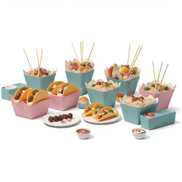 A vibrant buffet setup featuring a variety of street food options. There are colorful taco stations with soft corn tortillas filled with seasoned meat, topped with fresh cilantro and diced onions. Skewers of grilled vegetables and marinated meats are arranged neatly on platters, showcasing their char marks and bright colors. Noodle boxes filled with stir-fried noodles, vegetables, and protein are stacked next to the tacos, adorned with chopsticks resting on top. The table is decorated with small, colorful bowls of assorted sauces, garnishes, and toppings to enhance the dishes. Each food item is enticingly presented, creating an inviting atmosphere for guests to explore.