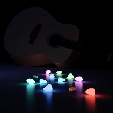 A collection of glowing guitar picks, featuring various colors such as blue, green, and red, scattered on a dark surface. The picks emit a soft light, casting vibrant reflections on the surrounding area. In the background, a sleek acoustic guitar rests against the wall, partially illuminated by the glow of the picks, highlighting its polished wooden surface and intricate details. The overall atmosphere is moody, with shadows contrasting the vibrant lights from the picks.