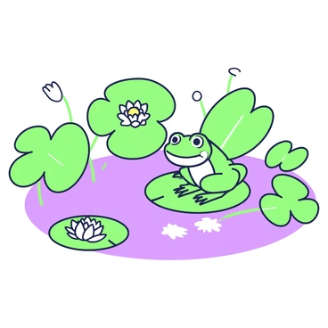 A pond is surrounded by lush greenery. The surface of the water is dotted with several water lilies, each with delicate petals. A green frog is perched on a lily pad, sitting still as it observes its surroundings. The reflection of the leaves and flowers is visible in the calm water, creating a harmonious scene with natural elements in balance.