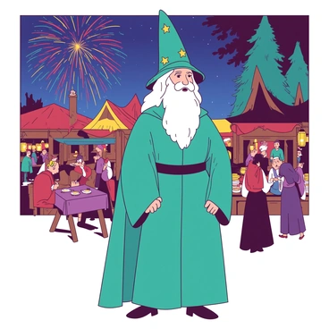 A teal-cloaked wizard named "Merlin" is standing amidst a bustling medieval festival filled with colorful stalls and lively people. He has a long white beard and a pointed hat adorned with stars. In the background, the night sky is illuminated with vibrant firework displays in shades of red and yellow, bursting into various shapes and colors. The festival-goers around Merlin are clad in traditional medieval attire, some dancing and others enjoying food from wooden tables. Lanterns hang from nearby trees, adding to the festive atmosphere.