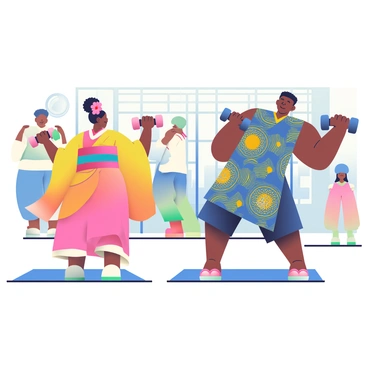 In a bright gym setting, several individuals are engaged in performing dumbbell chest presses. On the left, a woman wearing a colorful traditional kimono is lifting weights, her hair styled in an elegant bun adorned with floral accessories. To her right, a man dressed in a vibrant African dashiki is focused on his workout, showcasing intricate patterns in shades of blue and gold. In the background, a person in a casual kurta is also lifting weights, displaying a modern twist to traditional attire. The gym is filled with various exercise equipment, and large windows allow natural light to illuminate the space, creating a lively and dynamic atmosphere.