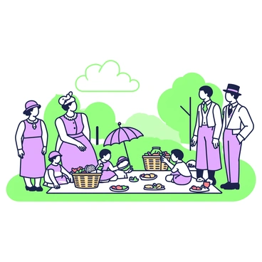 A group of families is gathered for a picnic on a grassy hillside. The adults are wearing Edwardian-era attire, including men in tailored suits with vests and women in long dresses adorned with lace and wide-brimmed hats. Children are playing nearby, dressed in knee-length trousers and dresses with puffed sleeves. A large checkered blanket is spread out with wicker baskets filled with various picnic foods, such as sandwiches and fruits. A couple of small umbrellas are set up for shade. In the background, there are trees providing a lush setting, and a clear sky indicates a sunny day.