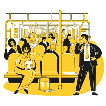 A crowded subway train filled with passengers during rush hour. Several passengers are standing, holding onto the overhead grab bars, while others are seated on the benches. There is a woman wearing a yellow coat, reading a book, and a man in a black suit with a briefcase, checking his phone. The train interior features yellow poles and advertisements on the walls. The expressions of the passengers vary from tired to focused as they commute to their destinations. The floor is covered with a few scattered newspapers and a backpack leaning against a pole.
