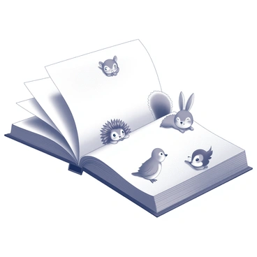 An open book lies flat on a surface, its pages spread wide. From the margins of the pages, several tiny woodland creatures are peeking out. A small, fluffy squirrel with a bushy tail is positioned at the top corner, while a curious bunny with long ears pokes its head from the edge of one page. A little hedgehog with quills is nestled in the crease of the book, and a pair of bright-eyed birds are perched on the edge, looking inquisitive. The entire scene captures the playful interaction between the creatures and the book's pages.
