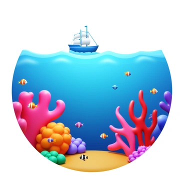 A seascape featuring vibrant coral reefs in various shades of pink, orange, and green. Colorful fish of different species, including clownfish and angelfish, swim among the coral structures. In the distance, a ship with white sails is sailing on the horizon, gently gliding over the blue ocean waves. The sky above is bright and clear, adding to the overall vividness of the underwater scene.