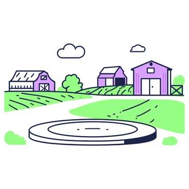 A helicopter pad is situated in the center of a rural farm setting. The pad is made of concrete and has a large circular outline with markings indicating the landing zone. Surrounding the pad, expansive fields stretch out, showcasing rows of crops and patches of green grass. In the background, several barns are visible, each with a classic design, featuring large doors and weathered wooden exteriors. The sky above is clear, and a few fluffy clouds float gently, contributing to the serene atmosphere of the farm.