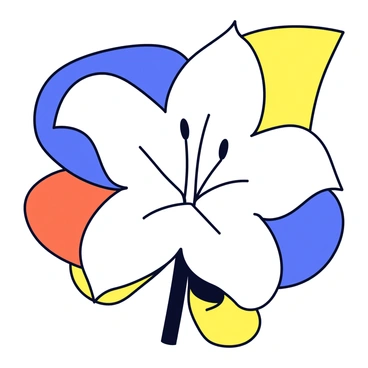 A white lily with large, elongated petals that have a smooth texture. The petals are surrounded by vivid geometric shapes in contrasting bold colors such as deep blue, bright orange, and vibrant yellow. The lily is positioned at the center, while the colorful shapes create an energetic and dynamic composition around it. The background is a solid color that enhances the overall visual impact of the lily and the shapes.