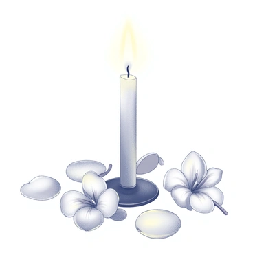 A lit candle stands in the center, casting soft light. It is surrounded by scattered gardenia petals, their delicate shapes and textures enhancing the composition. The petals are arranged in a circular pattern around the base of the candle. The overall arrangement creates a visually comforting scene, focusing on the interplay of light and floral forms.