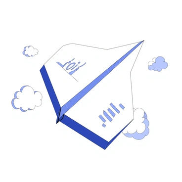 A paper airplane is soaring through the sky, its wings adorned with sketched "ROI" graphs. The airplane has a streamlined shape, with pointed ends creating a sharp silhouette against the backdrop. Each wing features distinct curved lines and bar graphs, clearly illustrating the data. The airplane is angled slightly as it ascends, creating a sense of movement, while above and around, soft clouds form a gentle, surrounding atmosphere.