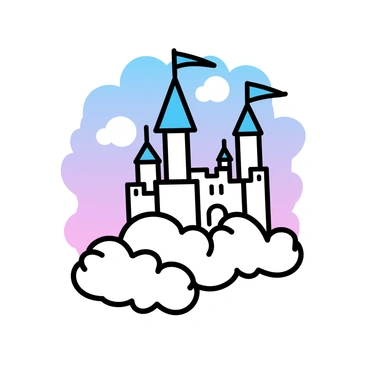 A castle with tall, pointed towers and a smooth exterior, sitting atop fluffy white clouds. The castle features bright blue banners fluttering in the wind and large, rounded windows. Surrounding the castle are soft, billowing clouds that appear light and airy, intertwining in a playful manner. The sky above is a vibrant gradient of colors, transitioning from light blue to soft pink.