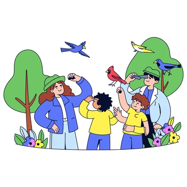 A group of three people is engaged in birdwatching. The first person is a woman with long brown hair, wearing a green hat and holding binoculars to her eyes. The second person is a man with short black hair, wearing a blue jacket, looking at a bird perched on a branch. The third person is a child with curly hair, wearing a bright yellow shirt, excitedly pointing at a bird flying in the sky. They are surrounded by lush green trees and colorful flowers. A few birds are visible, including a red cardinal and a blue jay.