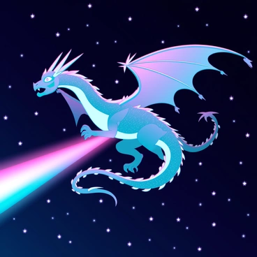 A celestial dragon with iridescent scales and elongated, flowing wings is soaring gracefully across a vast starry night sky. Its body shimmers with hues of blue, purple, and silver, reflecting the light of countless stars. The dragon's eyes are luminous, resembling glowing orbs that pierce the darkness. As it flies, it leaves a vibrant trail of radiant light behind it, illuminating the surrounding space with swirls of celestial colors. The stars twinkle in the background, creating a breathtaking cosmic scene filled with deep blues and blacks, punctuated by the shimmering brilliance of the dragon's light.