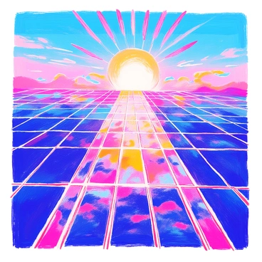 A floating grid pattern descending into the horizon, lit by a digital sun