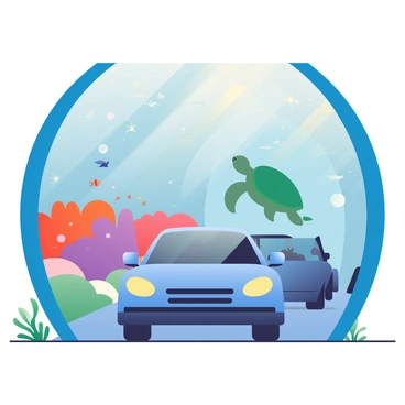 A car traveling through an underwater tunnel with sea life visible through glass walls