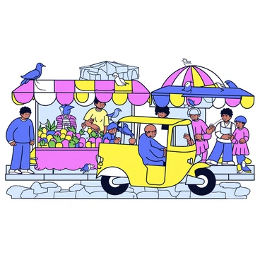 A tuk-tuk with a bright yellow body and blue accents is weaving through a bustling marketplace. The marketplace is filled with vibrant stalls displaying an array of colorful fruits, vegetables, and textiles. Each stall is adorned with canopies in different shades, creating a lively atmosphere. Shoppers can be seen interacting with vendors, while a few birds perch on the edges of the stalls. The ground is paved with cobblestones, adding texture to the scene.