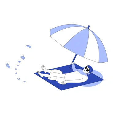 A sunbather is lying on a sandy beach beneath a large umbrella. The sunbather is relaxed, with a towel spread out beneath them. They are wearing sunglasses and have headphones on, indicating they are listening to calming music. The umbrella is positioned to provide shade, casting a soft shadow on the sand. Nearby, there are footprints leading to and from the water's edge, suggesting the presence of other beachgoers. A gentle breeze is causing the edges of the towel and umbrella to flutter slightly.