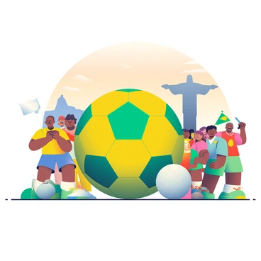 A vibrant scene showcasing Brazil's rich football heritage is centered around a large green and yellow football. Surrounding the ball are various cultural elements, including traditional Brazilian musical instruments like a berimbau and a tambourine, which are colored in bright hues. In the background, a silhouette of the Christ the Redeemer statue stands against a sunset sky in shades of orange and pink. A group of people, dressed in colorful attire representing Brazil's diverse culture, is gathered, holding flags and cheering. Their expressions show excitement as they celebrate the sport that unites the nation. The overall composition captures the lively spirit of Brazilian football and its cultural significance.