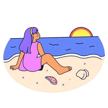 A girl sitting on a sandy beach with fine, light-colored sand. She has long, flowing hair that cascades down her shoulders. The girl is wearing a simple, colorful sundress. She is gazing out at the ocean, where the sun is setting on the horizon, casting warm oranges and yellows across the sky. Gentle waves are lapping at the shore, and there is a small seashell beside her.