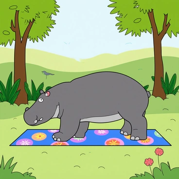 A large hippopotamus with gray skin is practicing yoga in a peaceful forest. The hippopotamus is in a downward dog pose, with its front legs stretched forward and back legs raised. Bright green trees surround the scene, with sunlight filtering through the leaves. The ground is covered with soft, green grass and a few colorful flowers are scattered around. In the background, there are tall ferns and the sounds of birds can be imagined. The hippopotamus wears a colorful yoga mat printed with various patterns, adding a playful touch to the scene.