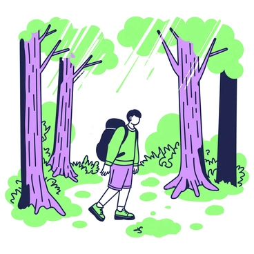 A lone hiker is standing in the middle of a dense forest. The hiker is wearing a backpack and a green jacket, and is looking around curiously. Tall trees surround the hiker, their trunks thick and textured, with a canopy of leaves overhead filtering the light. The ground is covered with a bed of fallen leaves and moss patches. Sunlight breaks through the branches, creating dappled patterns on the forest floor. In the background, there are ferns and small bushes adding to the lush environment.