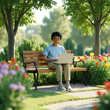 A person with medium skin tone and short black hair sits on a wooden garden bench while focusing on a sleek silver laptop in front of them. They are dressed in a light blue shirt and beige trousers. The garden is vibrant with a variety of blooming flowers in colors like red, yellow, and purple. Sunlight filters through the leaves of nearby trees, casting soft shadows on the ground. The scene conveys a sense of focus amidst the lush greenery and floral beauty.