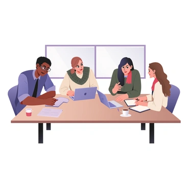 A diverse group of interns is gathered around a rectangular table. There are four interns, two men and two women, representing different ethnic backgrounds. One man has dark skin and curly hair, wearing a blue shirt and glasses. The second man has light skin and short brown hair, dressed in a plaid shirt and denim jacket. One woman has medium skin and straight black hair, wearing a white blouse with a red scarf. The other woman has light skin and long wavy brown hair, dressed in a green sweater. They are all leaning in towards the center of the table, actively gesturing and smiling as they discuss their ideas. On the table, there are notebooks, laptops, and a few cups of coffee, creating a lively atmosphere of collaboration and creativity. A large window in the background brings in natural light, illuminating the scene.