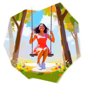 A woman with medium skin and long black hair, wearing a bright red dress and white sneakers, is joyfully swinging on a swingset in a park. She is smiling widely, her hair flowing behind her as she swings high. The swingset is surrounded by lush green grass and a few colorful flowers. In the background, there are tall trees with vibrant green leaves and a clear blue sky dotted with fluffy white clouds. The scene conveys a sense of happiness and carefree playfulness.